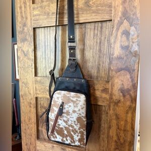 Myra Brown and White Leather Sling Bag - Cowhide Front